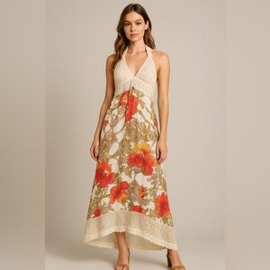 Anthro Style Romantic Lace Halter Floral Maxi Dress Cottagecore Boho Size M